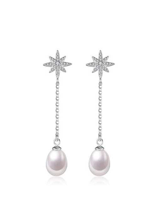 Silver Water Drop shaped Freshwater Pearl Star Drop threader earring