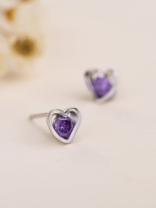 One Silver Simple Tiny Hollow Heart Purple Zircon 925 Silver Stud Earrings 2