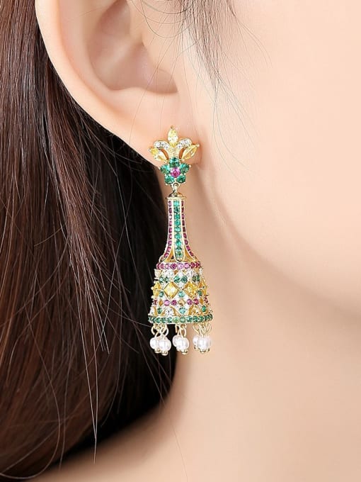 BLING SU Copper With Gold Plated Ethnic Vintage Color Long Bells Pearls Chandelier Earrings 1