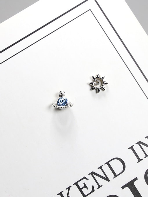 Peng Yuan Asymmetrical Tiny Blue Planet Sun 925 Silver Stud Earrings 0