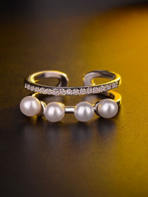 AI Fei Er Fashion Two-band Imitation Pearls Opening Ring 3