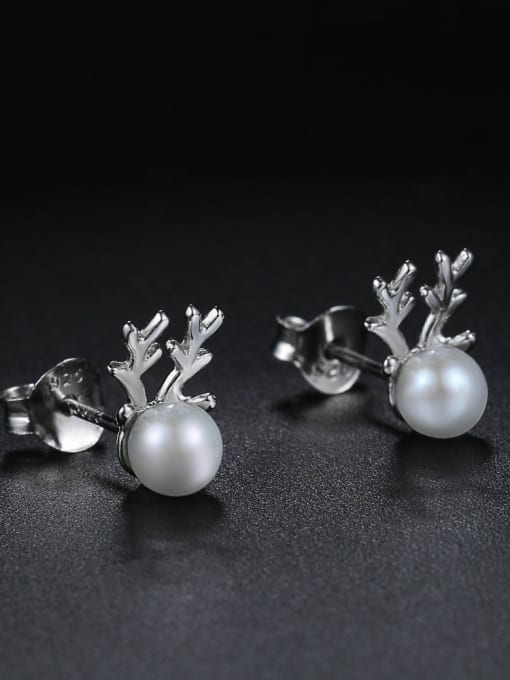 ZK Tiny Deer Antlers White Imitation Pearl 925 Sterling Silver Stud Earrings 1