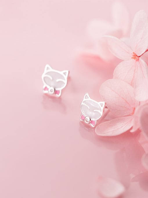 Rosh 925 Sterling Silver With Silver Plated Cute Pink Cat Stud Earrings 0