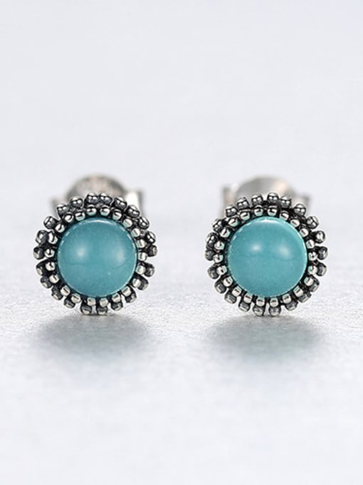 SLIVER 925 Sterling Silver With Turquoise Vintage Round Stud Earrings