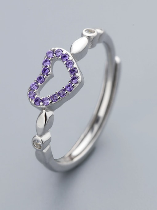 One Silver Simple Hollow Heart Purple Zirconias 925 Silver Opening Ring 2