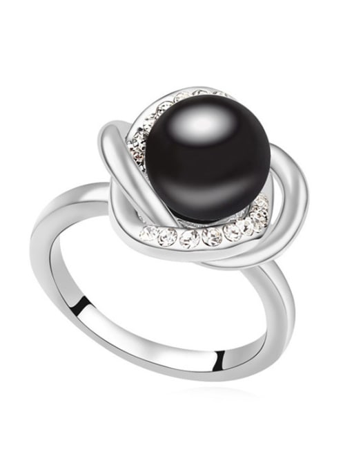 Black Fashion Imitation Pearl-accented Flowery Alloy Ring
