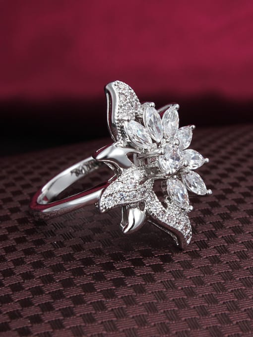 SANTIAGO Exquisite 18K White Gold Plated Flower Shaped Zircon Ring 1