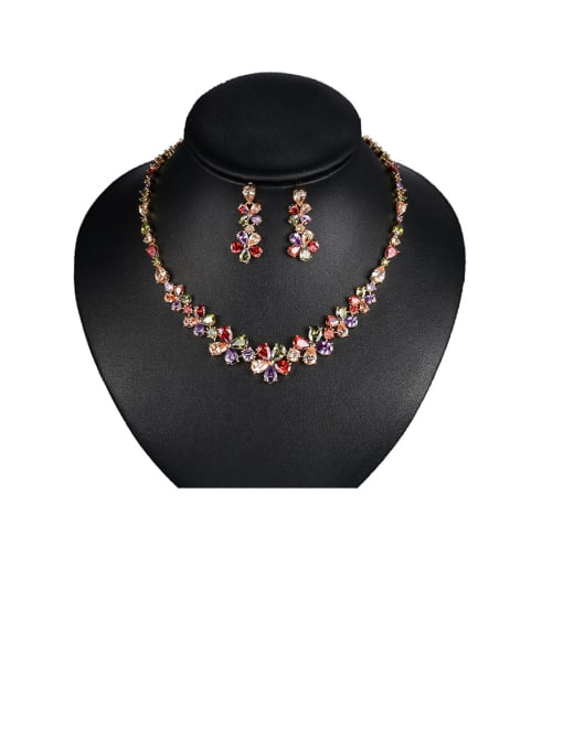 Mo Hai Copper With Cubic Zirconia Luxury Flower Earrings And Necklaces 2 Piece Jewelry Set