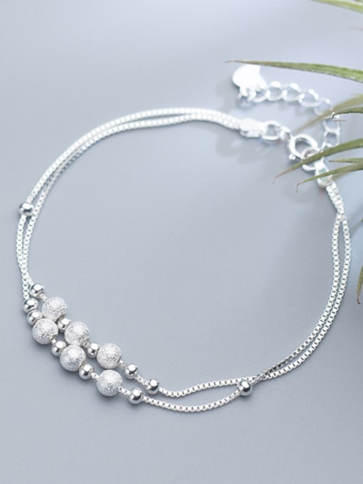 silver Adjustable Double Layer S925 Silver Frosted Beads Bracelet