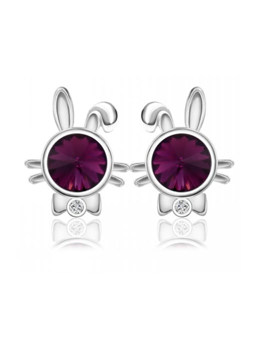 Purple Copper Alloy White Gold Plated Creative Bunny Crystal stud Earring