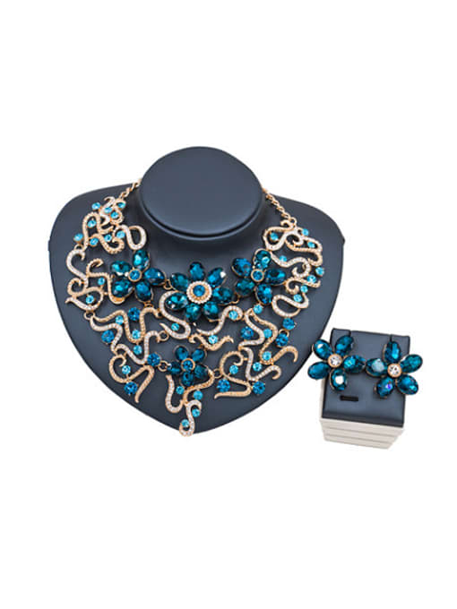 Blue Statement Flower Glass Rhinestones Two Pieces Jewelry Set