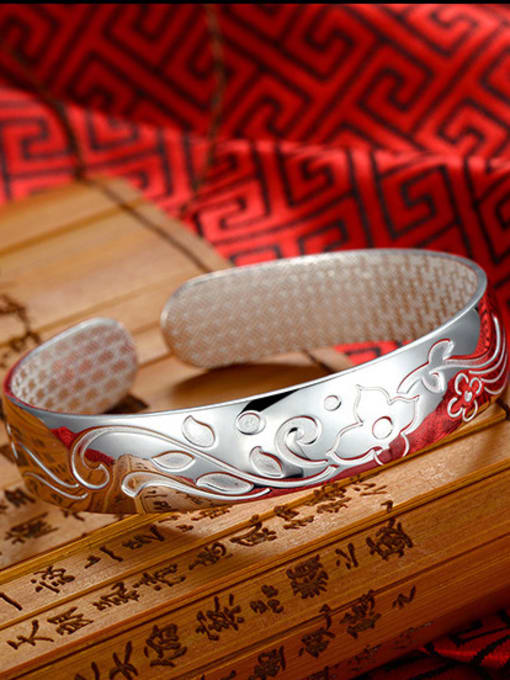 JIUQIAN Simple 999 Silver Flowery Patterns-etched Opening Bangle 2