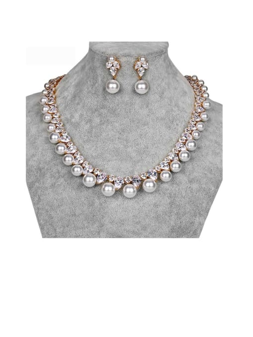 rose Copper With Artificial Pearl Luxury Round  Earrings And Necklaces 2 Piece Jewelry Set