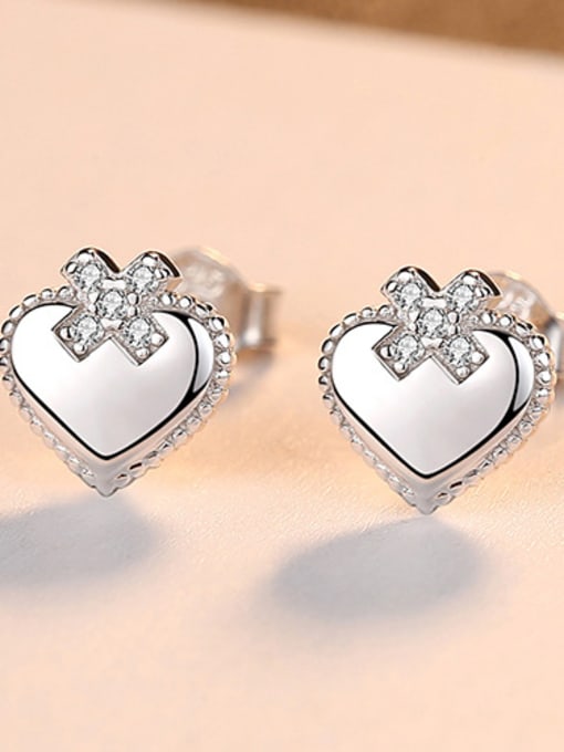 platinum-17B12 925 Sterling Silver With Rhinestone Simplistic Heart Stud Earrings