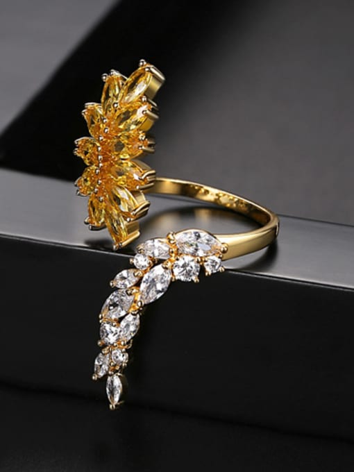 gold-T18I07 Copper With Cubic Zirconia Delicate Leaf  Free Size Rings