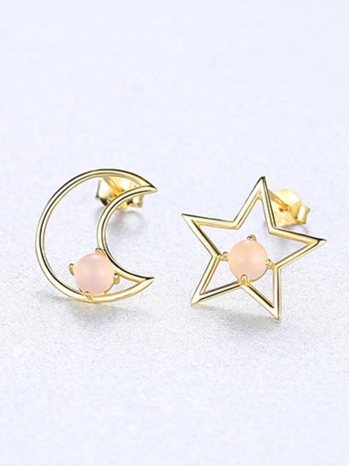 powder 925 Sterling Silver With multicolor Opal Cute Stars moon asymmetry Stud Earrings