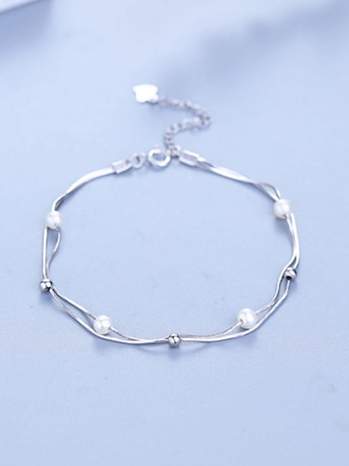 One Silver Women Temperament Double Chain Pearl Bracelet