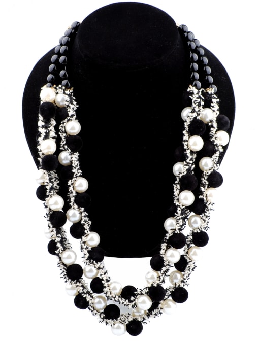 Black Ethnic style Exaggerated Double Layers Pompon Imitation Pearls Necklace