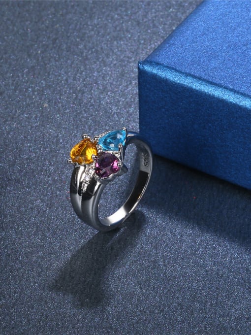 Platinum Women Colorful Glass Bead Heart Shaped Ring