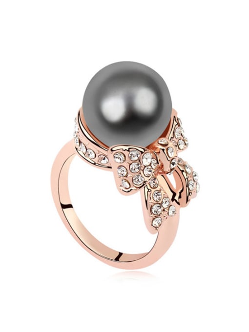 black Fashion Imitation Pearl Crystals-covered Bowknot Alloy Ring