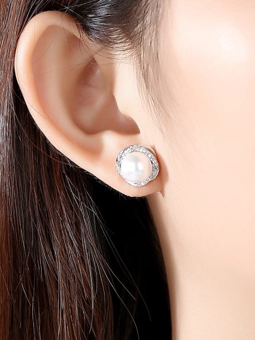 BLING SU Copper With  Artificial Pearl Simplistic Flower Stud Earrings 1