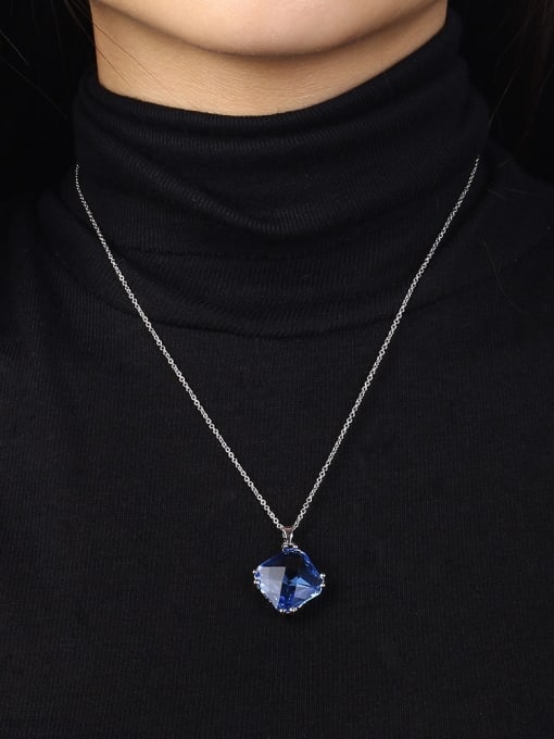 Platinum Women Blue Square Shaped Glass Stone Necklace