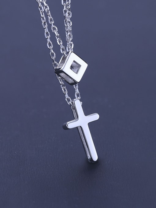 One Silver Double Layer Chain Cross Necklace
