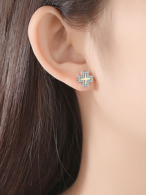 BLING SU Copper With  Cubic Zirconia  Simplistic Cross Stud Earrings 1
