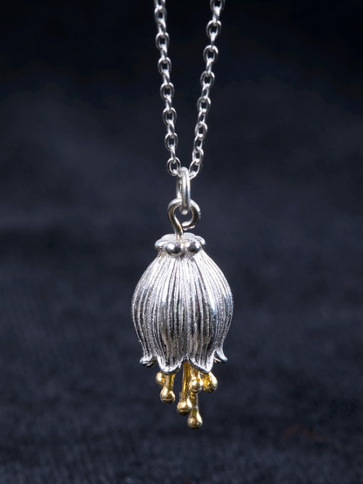 SILVER MI Elegant Bell Flower Pendant 925 Silver Necklace