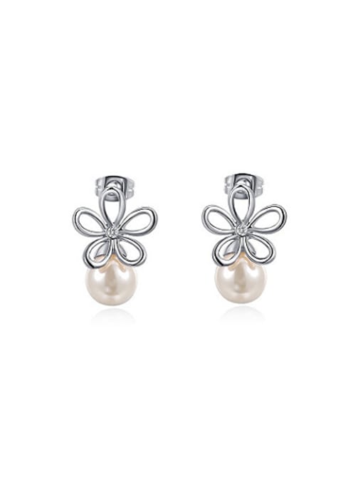 Platinum Exquisite Hollow Flower Shaped Artificial Pearl Stud Earrings