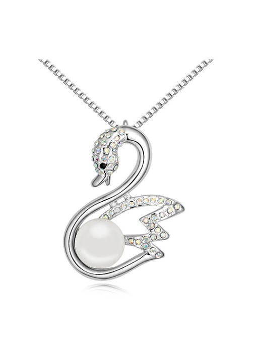 QIANZI Exquisite Imitation Pearl Shiny White Crystals-studded Swan Alloy Necklace 0