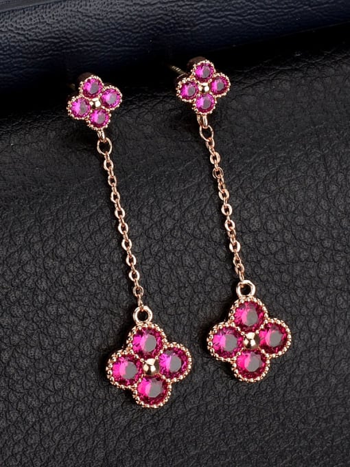 Qing Xing S925 Silver Ear Needles  Rose Gold Ruby Flower  Female Tassel stud Earring 2