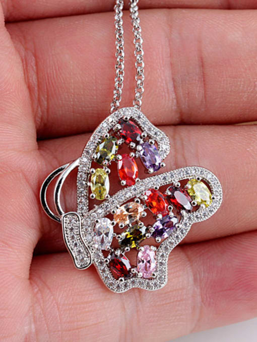 Qing Xing Butterfly Colorful Zircon Upscale White Gold Plated Necklace 2