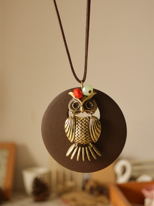 Coffee Wooden Round Shaped Owl Necklace
