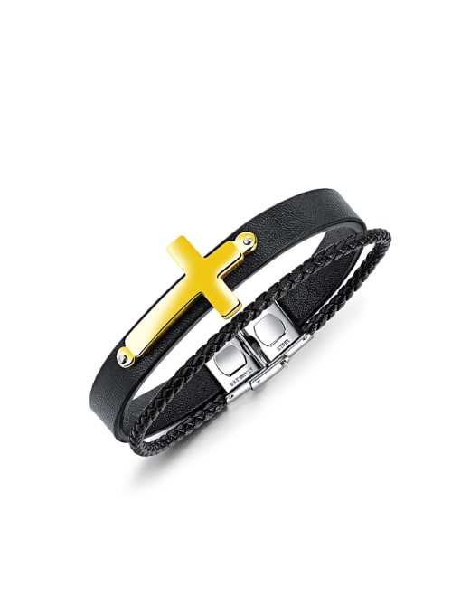 Gold Personalized Woven Black Artificial Leather Two-band Cross Bracelet
