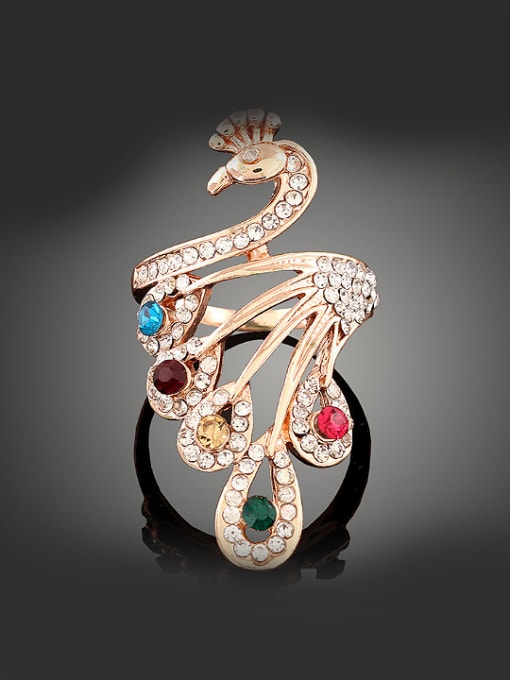 Wei Jia Exaggerated Colorful Rhinestones Peacock Gold Plated Alloy Ring 0