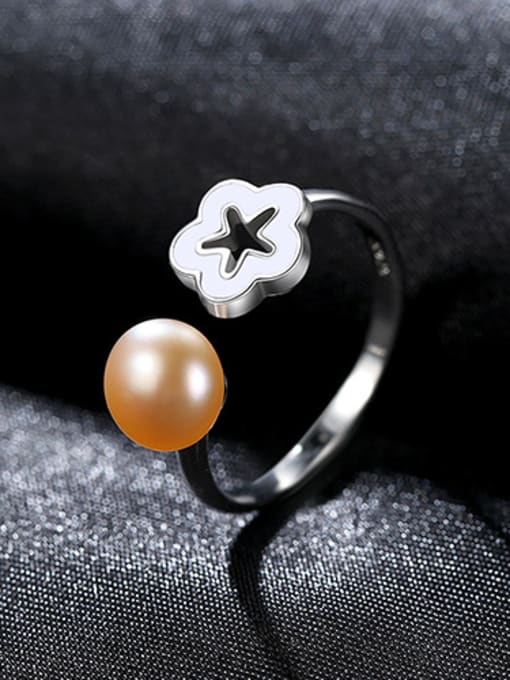 Pink 925 Sterling Silver With Artificial Pearl Simplistic Flower Free Size  Rings
