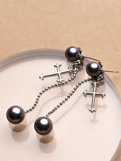 Rosh Exquisite Cross Shaped Black Artificial Pearl Silver Drop Earrings 1