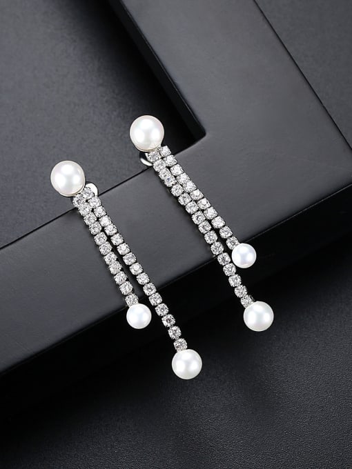 BLING SU Copper inlaid AAA zircon imitation pearl Tassel Earrings