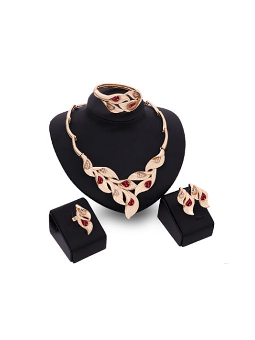Red Alloy Imitation-gold Plated Fashion Artificial Gemstones Leaves-shaped Four Pieces Jewelry Set