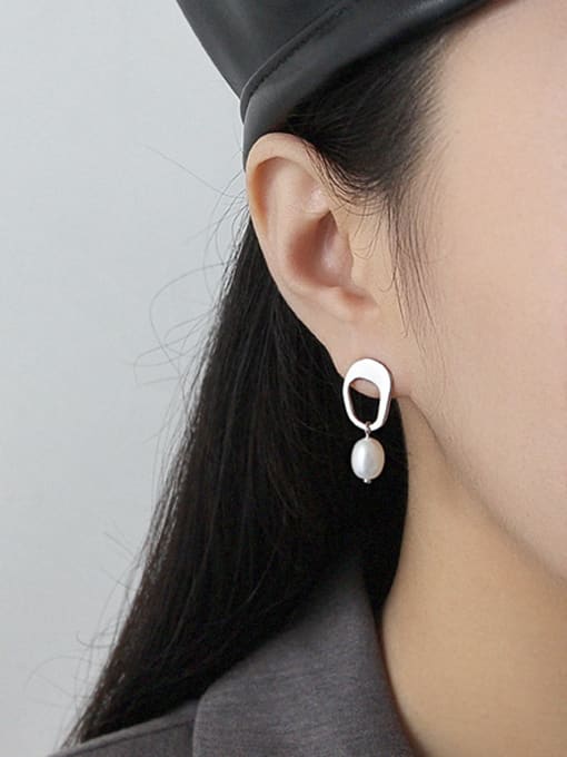 DAKA 925 Sterling Silver With Artificial Pearl  Simplistic Geometric Stud Earrings 1