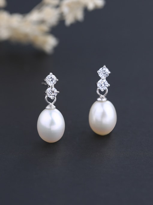 One Silver Fashion Water Drop Freshwater Pearl Cubic Zirconias 925 Silver Stud Earrrings 0