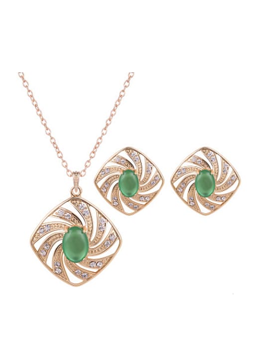 green Alloy Imitation-gold Plated Fashion Artificial Stones Square-shaped Pieces Jewelry Set