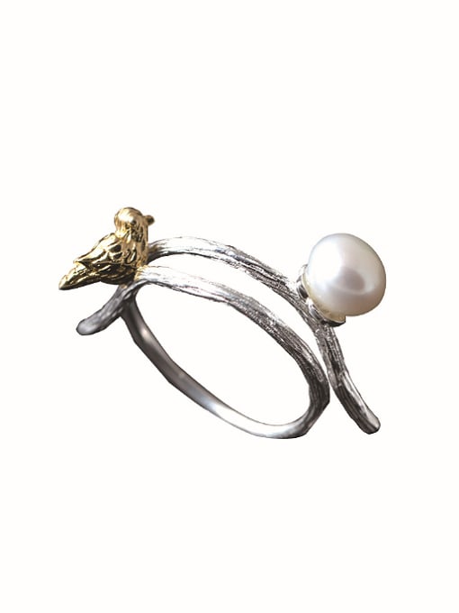 SILVER MI Personalized Artificial Pearl Little Bird 925 Silver Ring 0