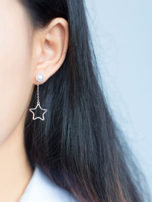 Rosh S925 silver natural freshwater pearl star drop threader earring 2