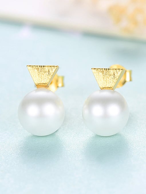 Gold 925 Sterling Silver With Artificial Pearl  Simplistic Triangle Stud Earrings