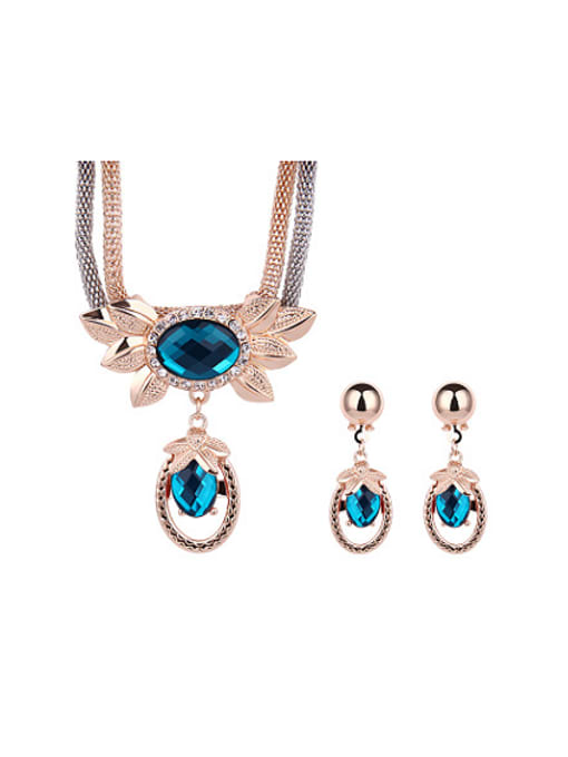 blue Alloy Imitation-gold Plated Fashion Artificial Stones Oval-shaped Two Pieces Jewelry Set
