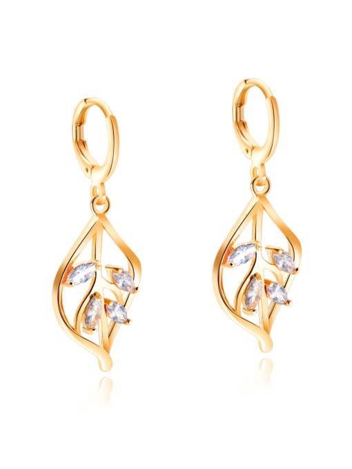 White Drill Copper With 18k Gold Plated Fashion Leaf Earrings