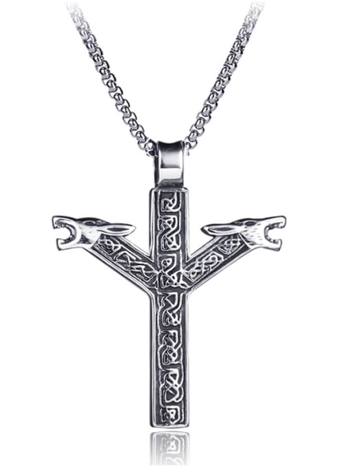 BSL Stainless Steel With Antique Silver Plated Trendy Cross  head of a wolf Necklaces 0