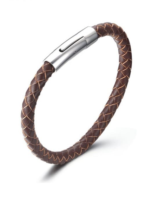 CONG Men Delicate Brown Artificial Leather Titanium Bracelet